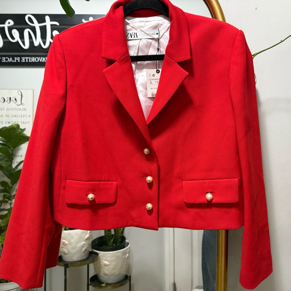 Zara Vibrant Red cropped Blazer with Gold Buttons